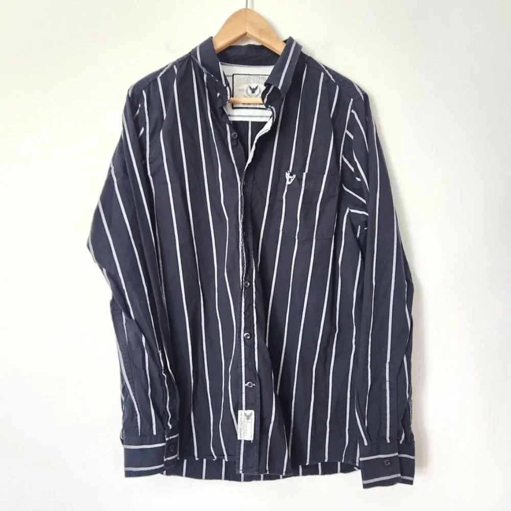Y2K Striped Button Down Shirt Navy Blue White Men's Large Company‎ 81 Eagle Vtg